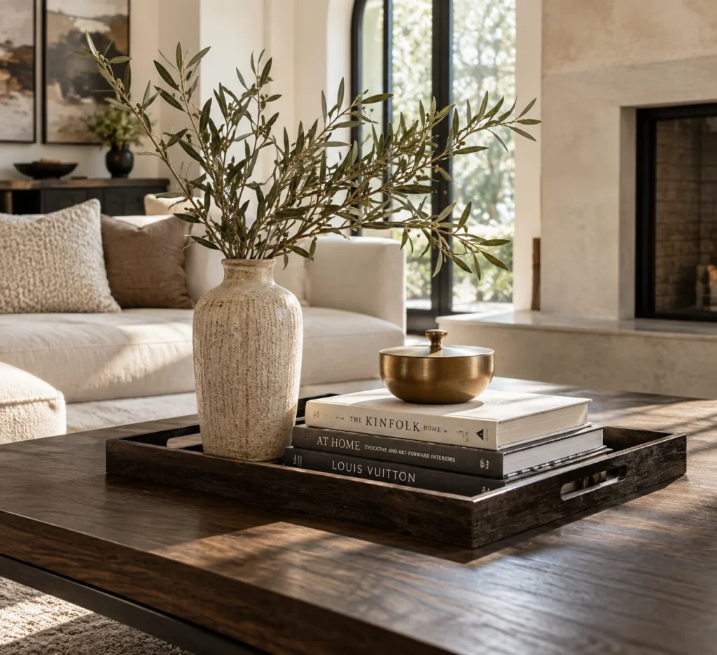 Fully styled wooden coffee table in a modern living room featuring a decorative dark wood tray, a tall ceramic vase with olive branches, a stack of hardcover art books, and a small brass accent object.