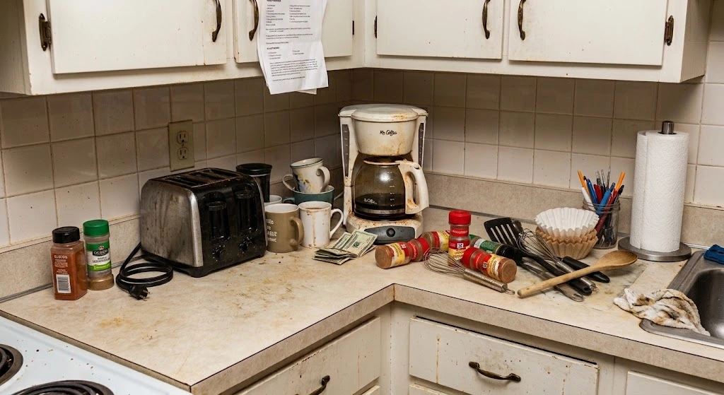 Dirty cluttered kitchen counter corner