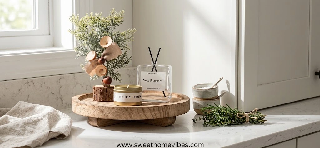 A high-quality photo of a round brown wooden riser pedestal with a decorative tree, a candle, and a reed diffuser, neatly arranged on a kitchen counter corner.