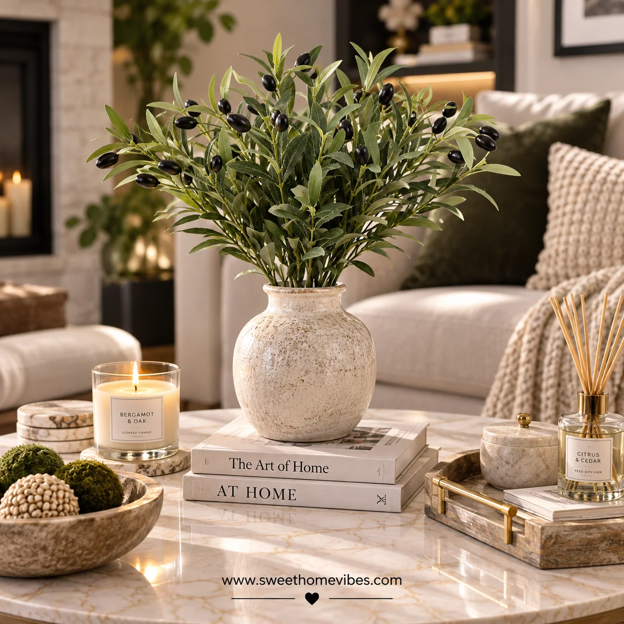 Realistic faux olive branches arranged in a vase on a coffee table
