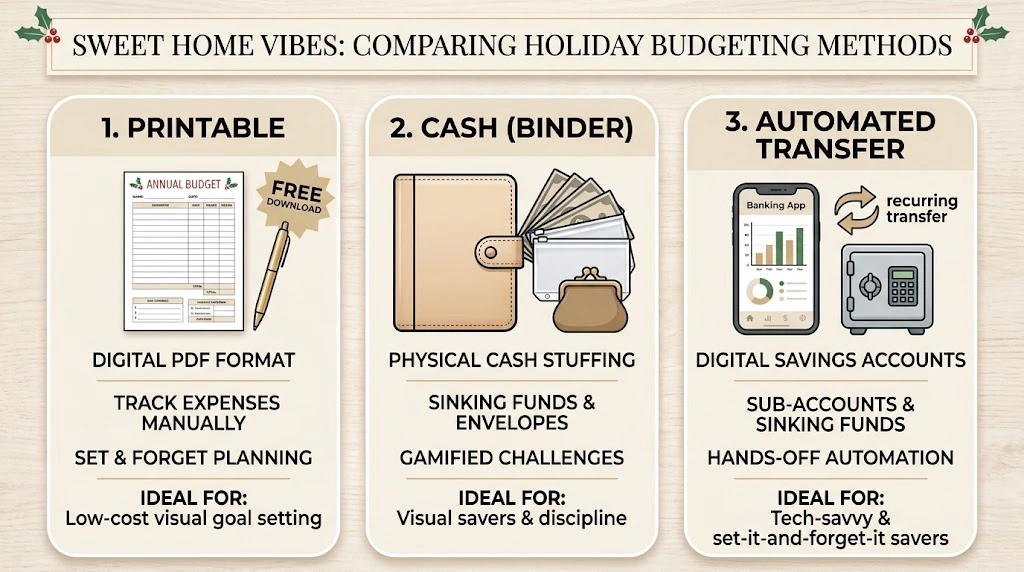 An infographic comparing three holiday budgeting methods: printable PDF, cash envelope binder, and automated transfers for a 100-day Christmas savings challenge.