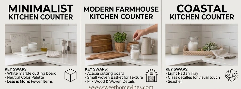 A side-by-side comparison chart showing a kitchen counter corner styled in three distinct looks: Minimalist, Modern Farmhouse, and Coastal, with a list of key decor swaps for each.