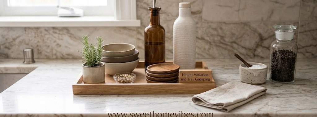 A wooden tray on a marble kitchen counter holds a potted rosemary plant, neutral ceramic bowls, and bottles to demonstrate height variation in decor.