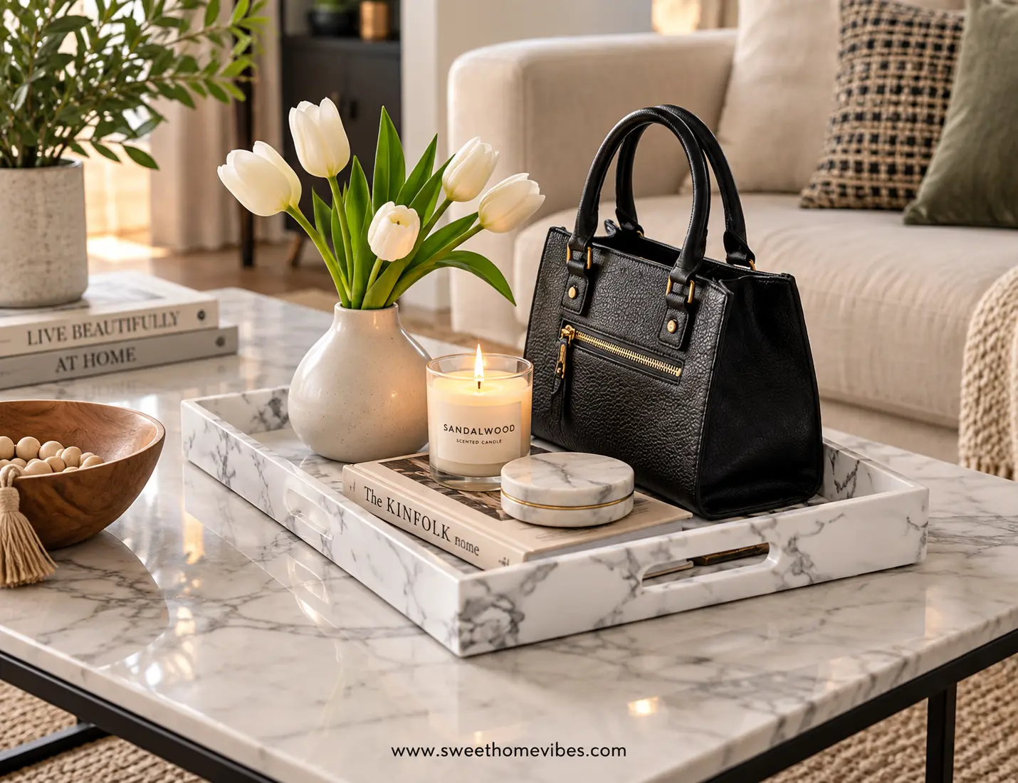 White marble faux leather decorative tray styled on a coffee table
