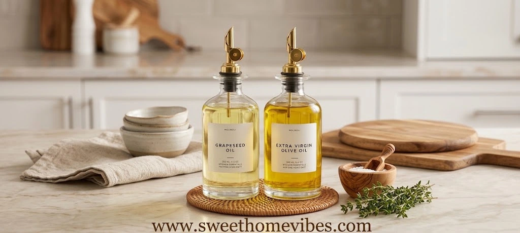 A high-quality photo of the Molimoli olive oil and grapeseed oil dispenser set with gold spouts, neatly arranged with cooking accessories on a styled kitchen countertop corner.