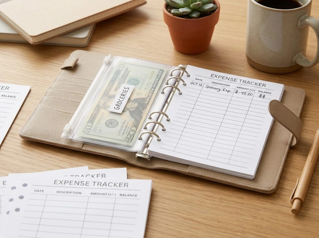 An open binder showing a written expense tracker page next to a clear cash envelope stuffed with US currency for a 100-day Christmas savings challenge.
