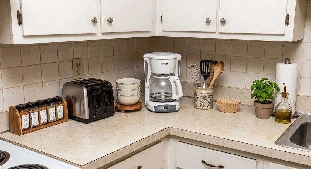 A clean and organized view of the same kitchen counter corner from image_56.png, now featuring a uniform spice rack, a clean coffee maker, neatly stacked bowls, and a potted basil plant for a finished, styled look.