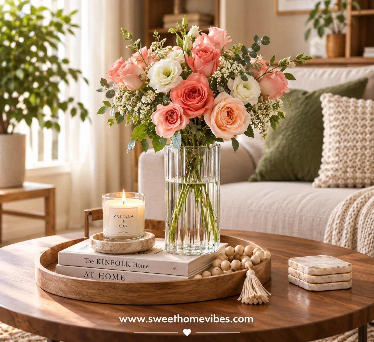 ComSaf clear ribbed glass cylinder vase styled with fresh flowers on a coffee table
