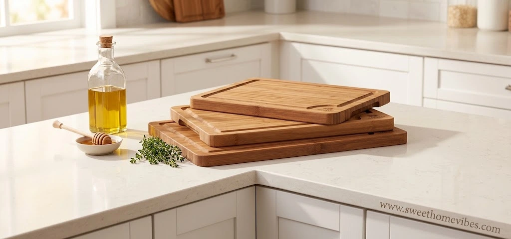 A high-quality photo of a set of three different-sized bamboo cutting boards neatly stacked on a clean white kitchen countertop corner, with olive oil and fresh herbs.
