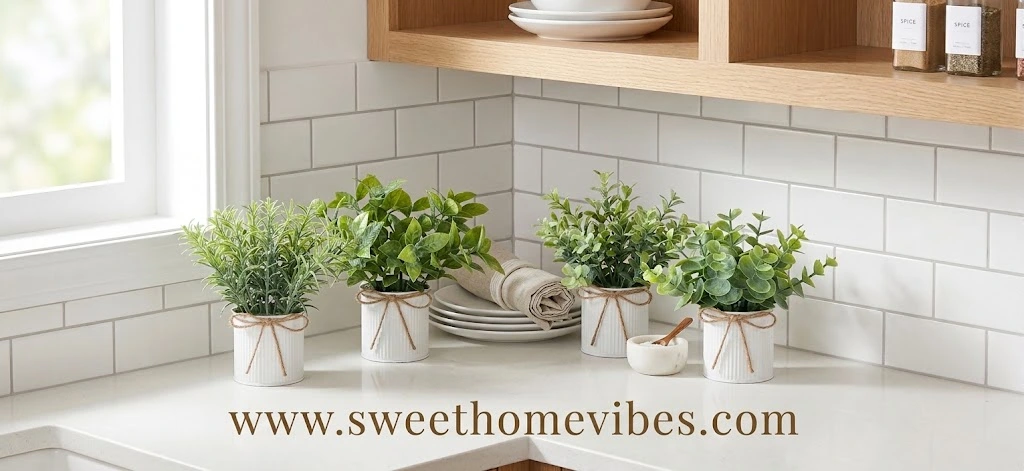 A high-quality photo of small fake plants in white galvanized pots with twine bows, neatly arranged on a clean kitchen countertop corner with plates and a window.