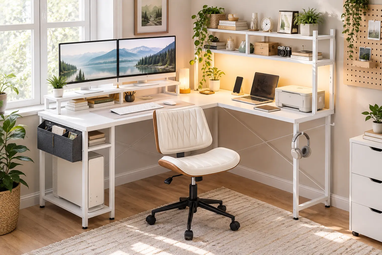 Small L shaped desk with a modular setup designed for a tight home workspace