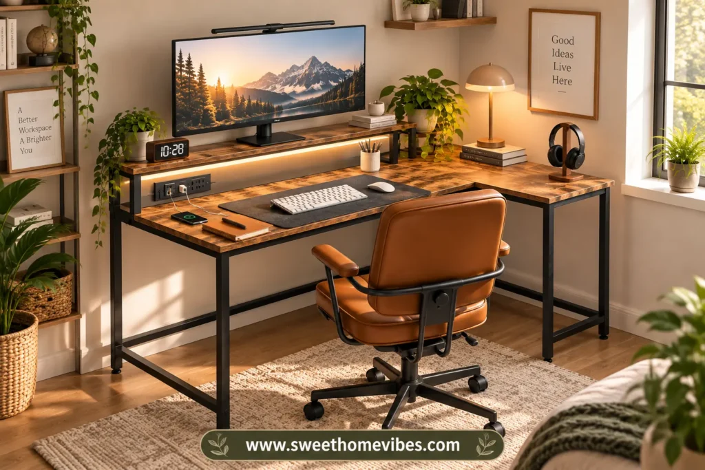 Small L-shaped desk with built-in power outlets, monitor shelf, brown office chair, and dual-zone workspace.