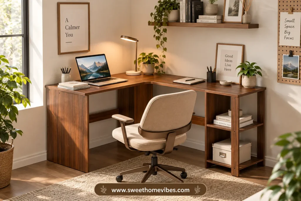 Small L-shaped walnut desk with cream office chair, task lamp, plants, wall shelf, and minimalist home office decor.