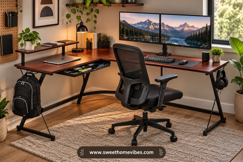 Small L-shaped desk setup with two monitors, ergonomic black chair, laptop, and organized storage.