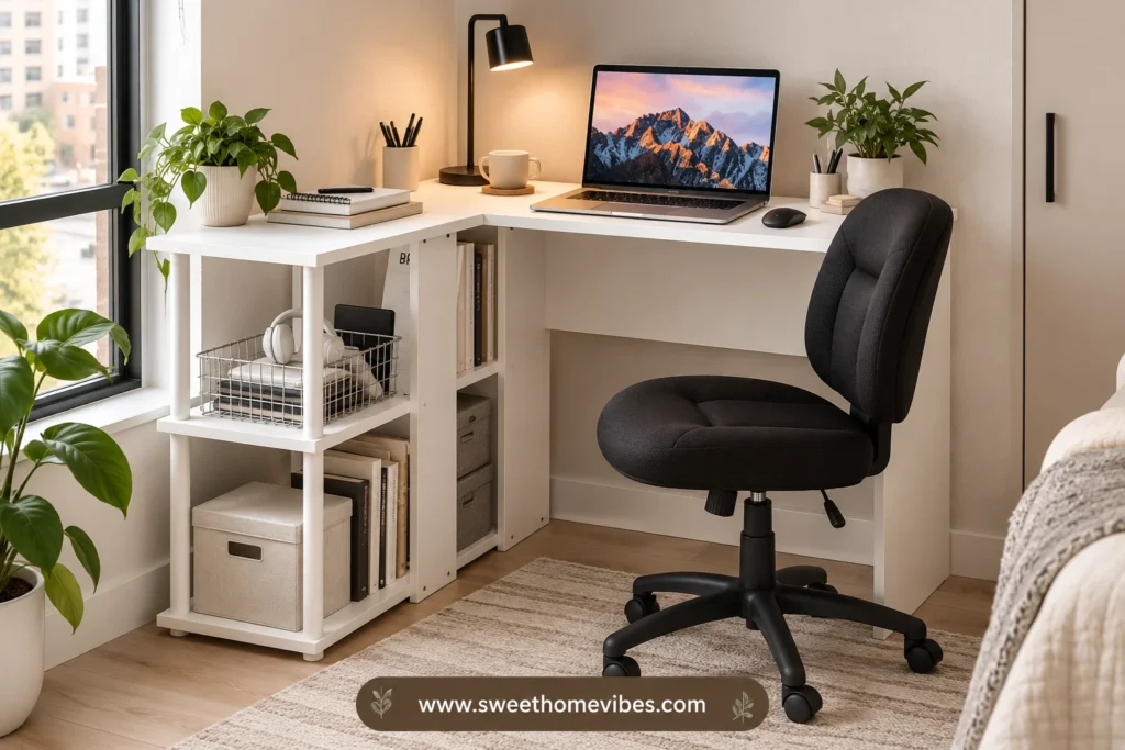 Small L-shaped desk setup with white storage shelves and black office chair in a narrow apartment workspace.