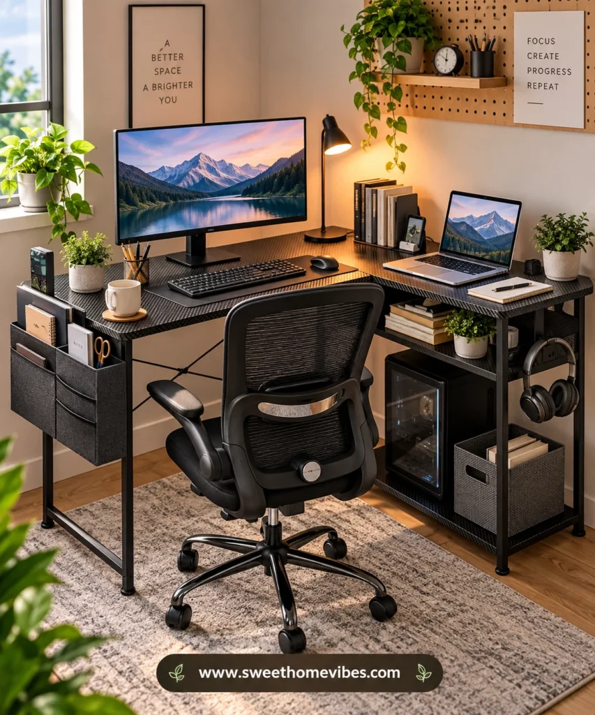 Small L-shaped desk setup with reversible sections, storage shelves, monitor, laptop, and ergonomic office chair.
