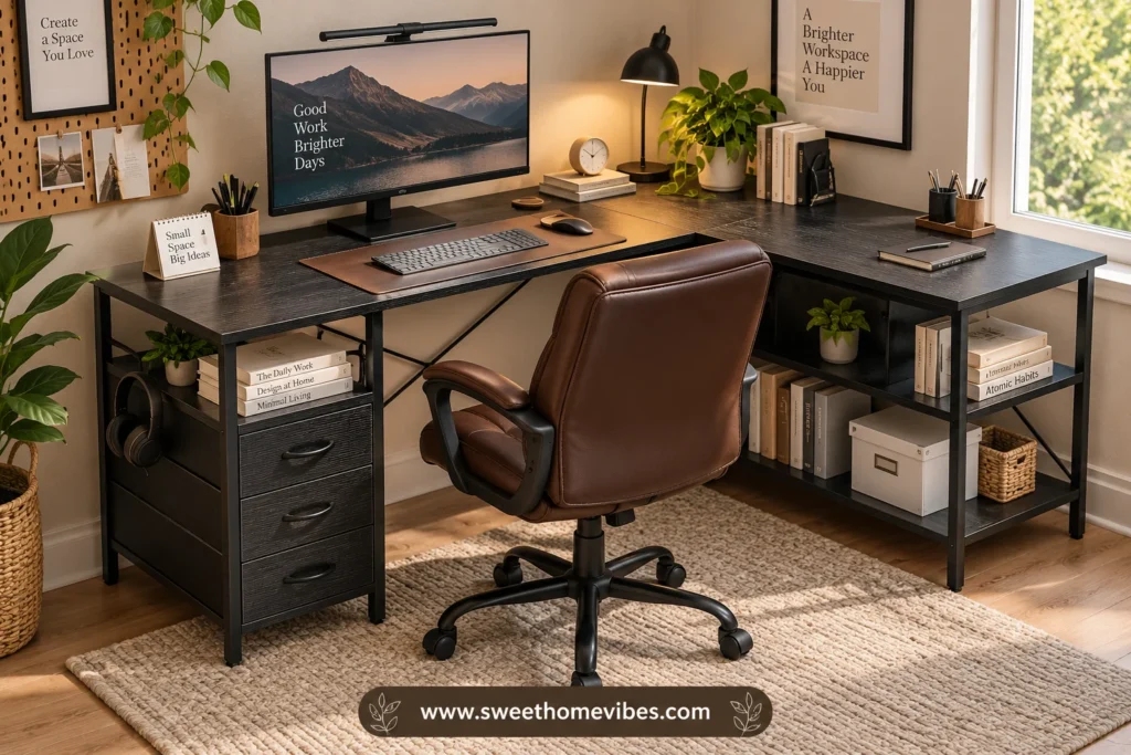 Small L-shaped desk setup with drawers, open storage shelves, monitor, plants, and brown office chair.
