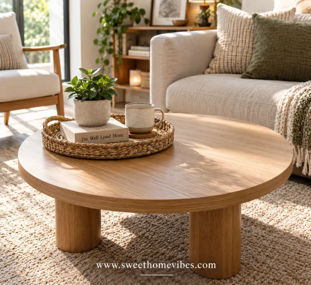 Compact round coffee table in a small living room styled with a woven seagrass tray, a faux linen storage book box, and greenery while leaving over half the surface open for daily use.