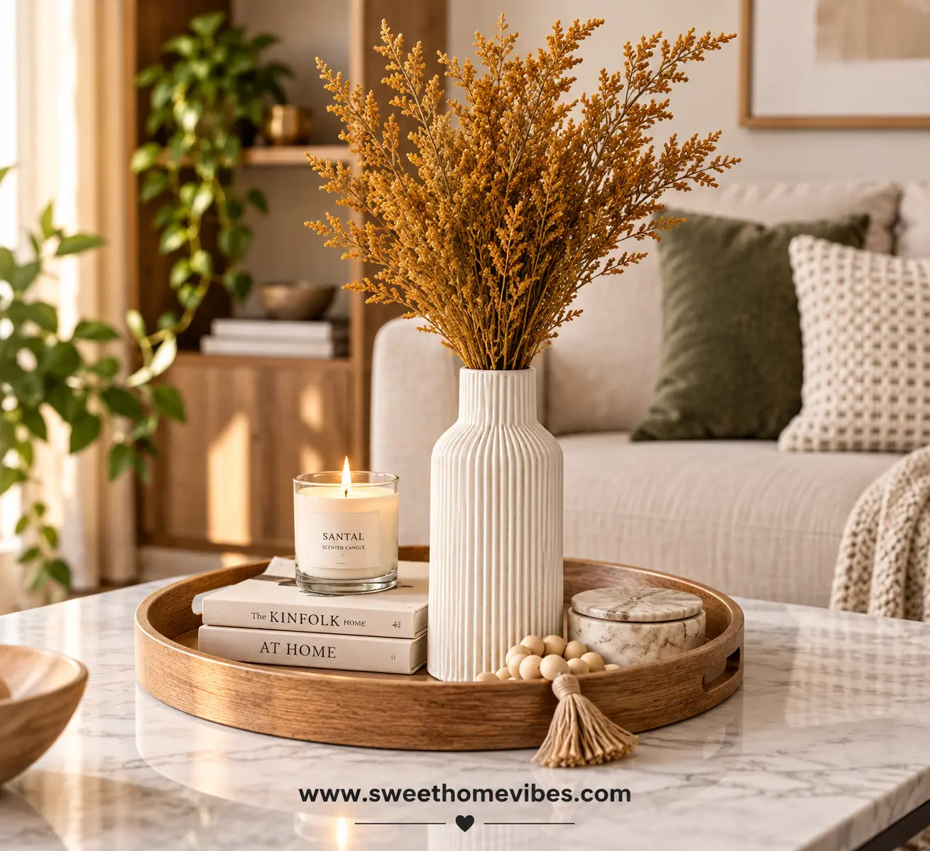 Tall bohemian beige ceramic vase styled on a coffee table with decor