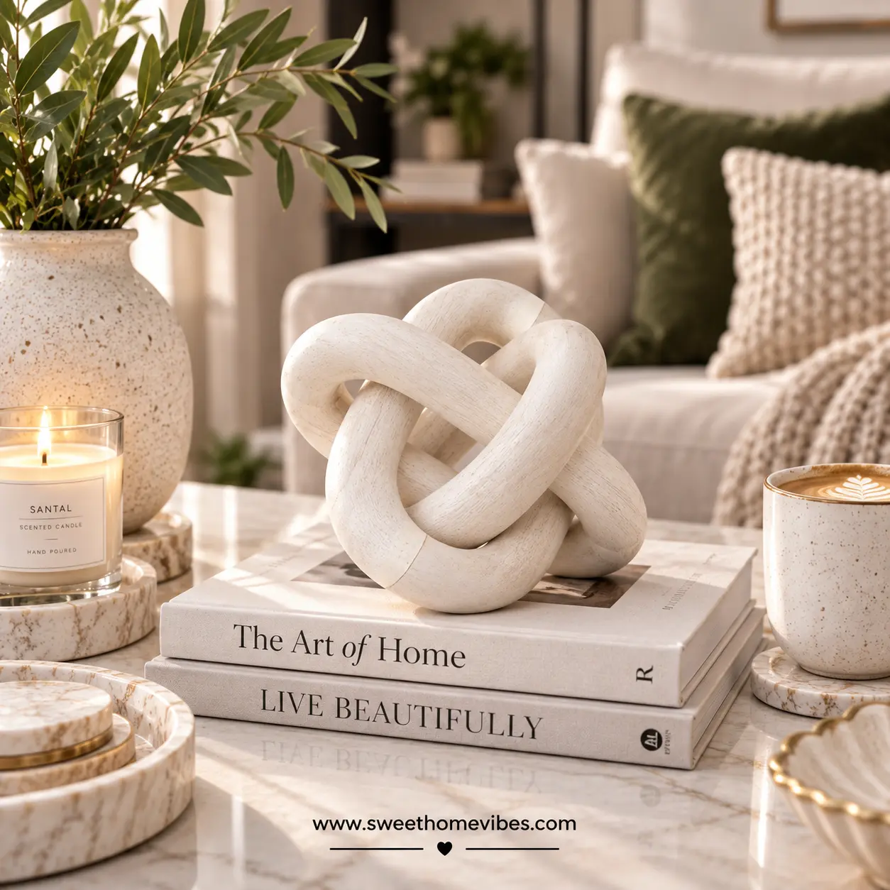 White three-link wood knot used as coffee table decor