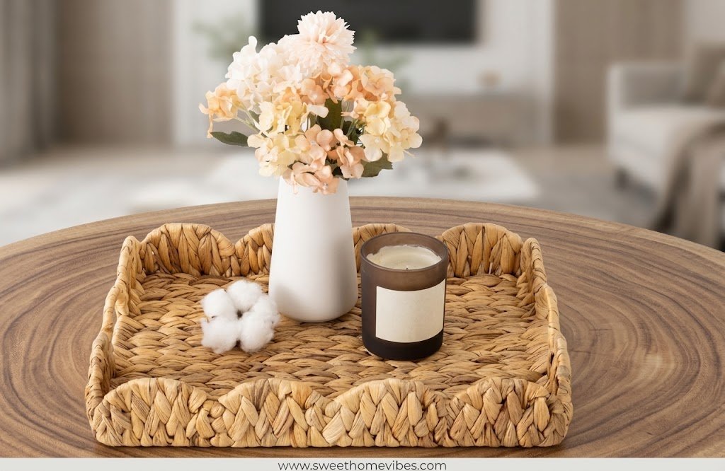 Wicker scalloped decorative basket tray with floral vase and candle for coffee table styling