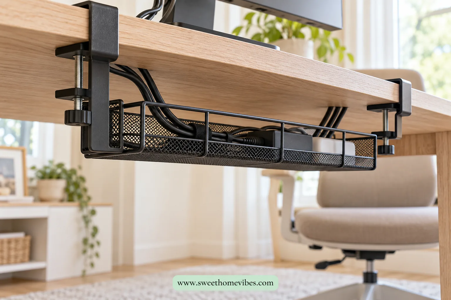 Clamp-on cable tray hiding loose wires under a wooden desk