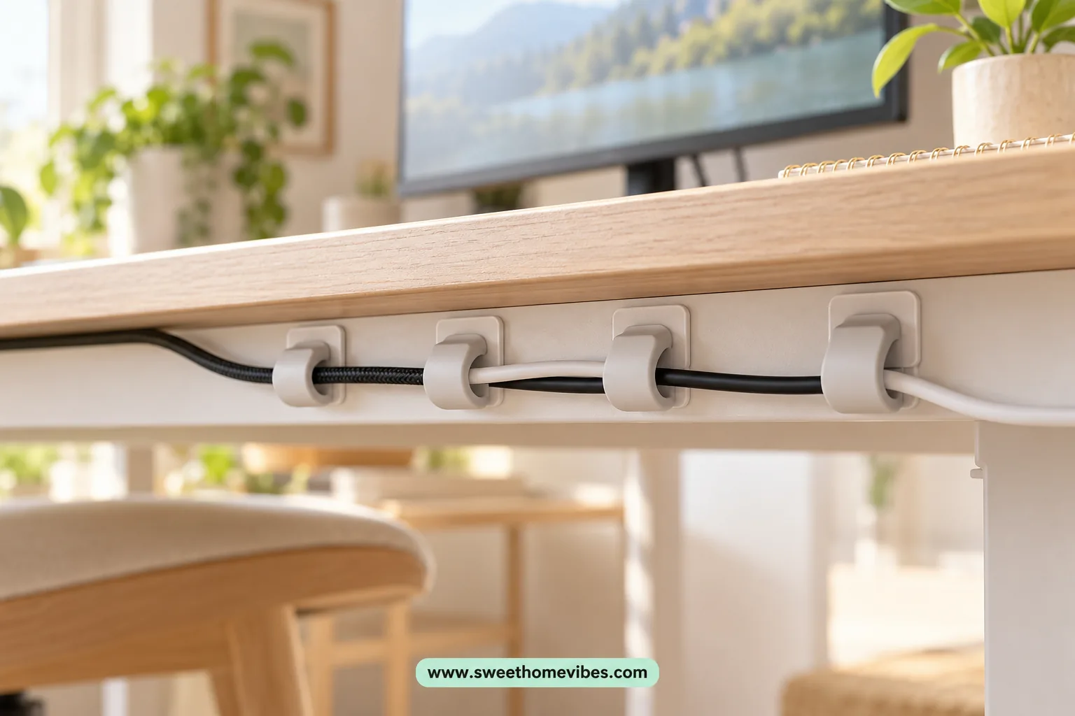 Removable cable clips guiding cords along the back of a desk