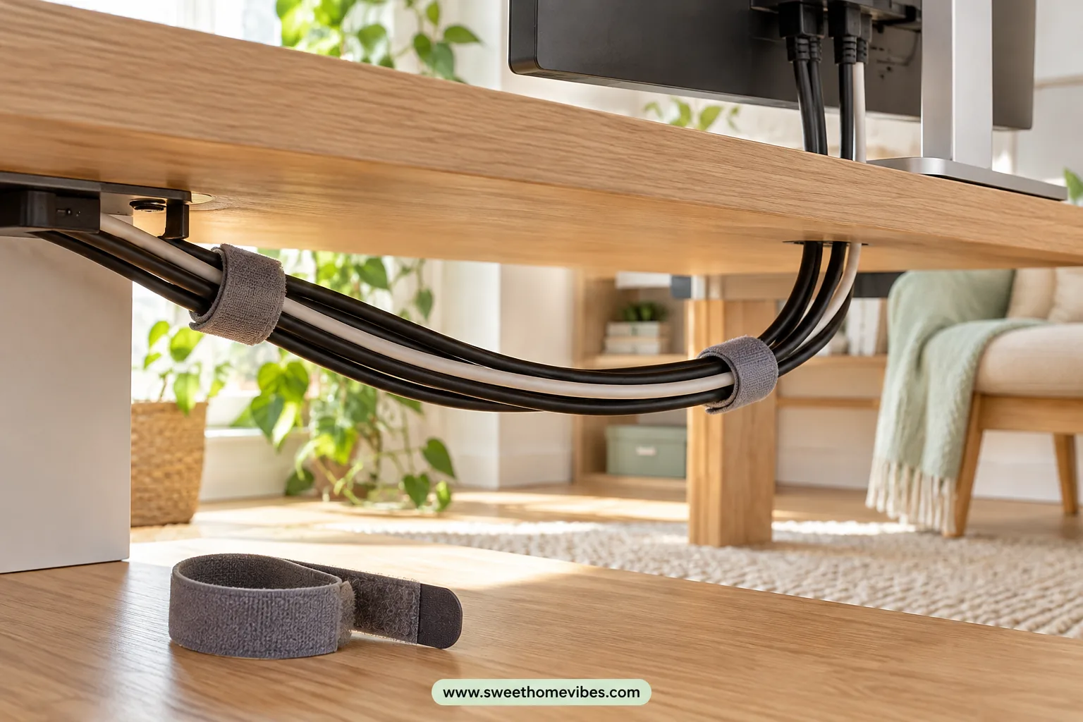 Reusable cable ties loosely securing extra computer cable length