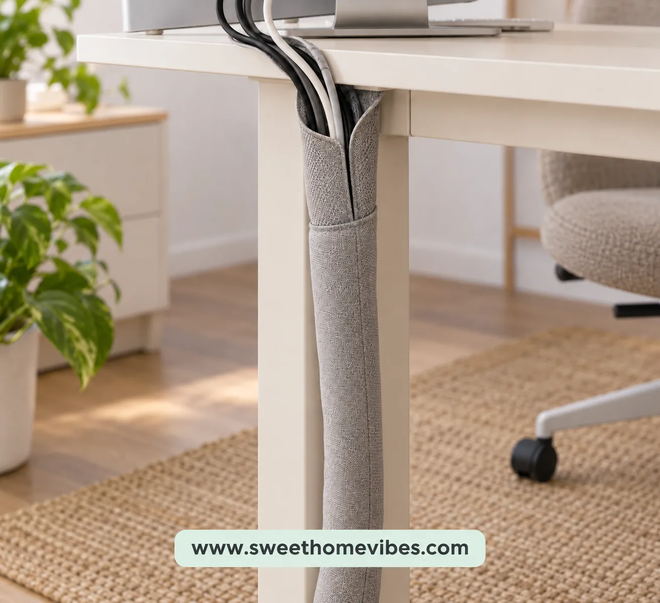 Gray cable sleeve hiding several wires behind a desk leg