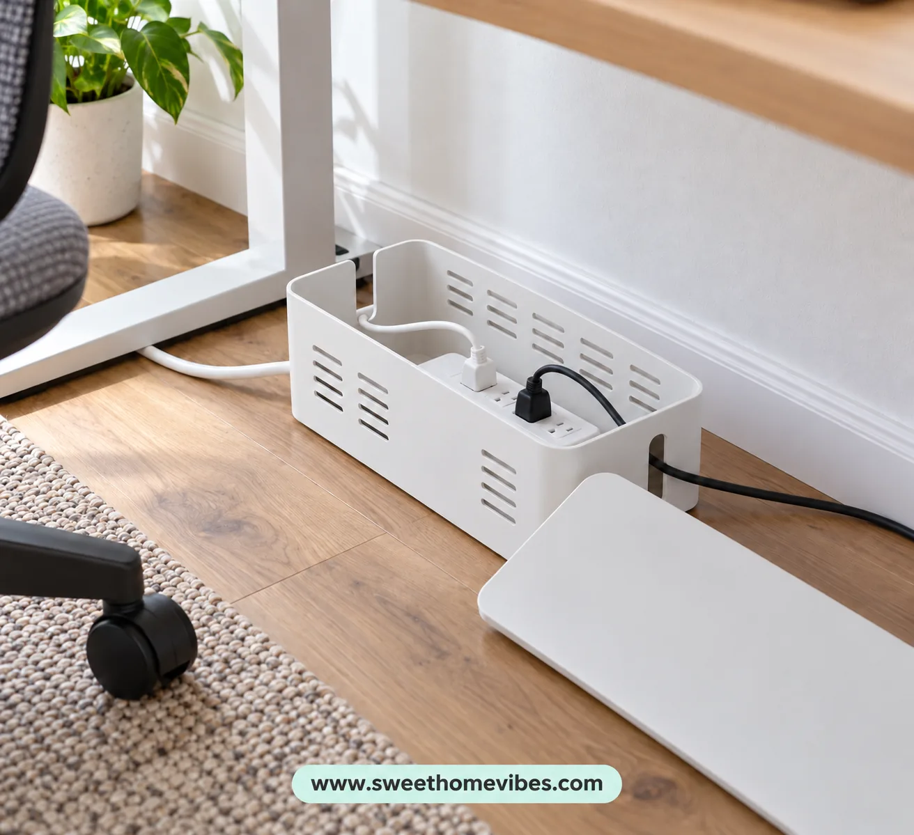 Ventilated cable box containing a power strip beneath a desk
