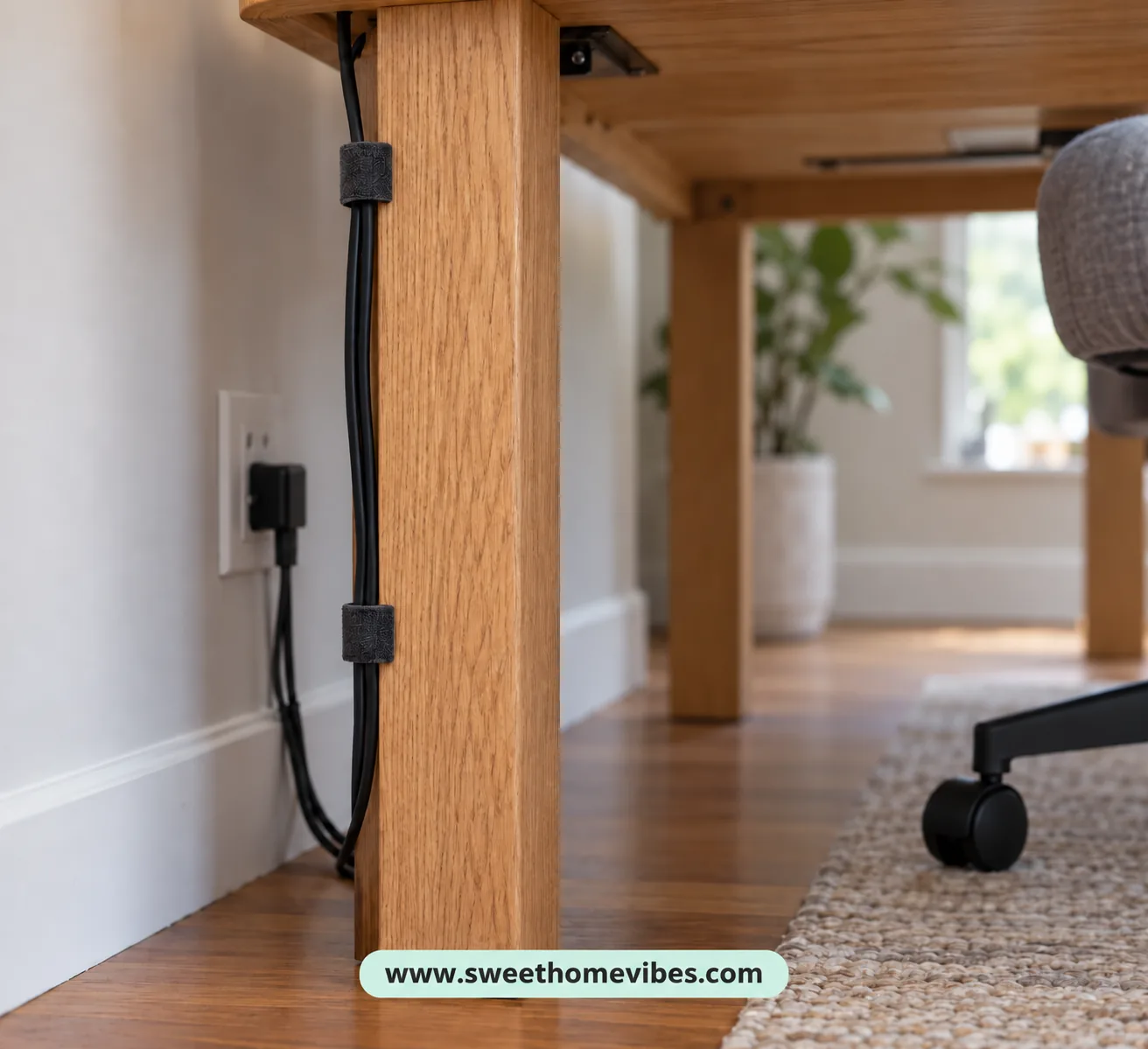 Computer cables secured along the back of a wooden desk leg