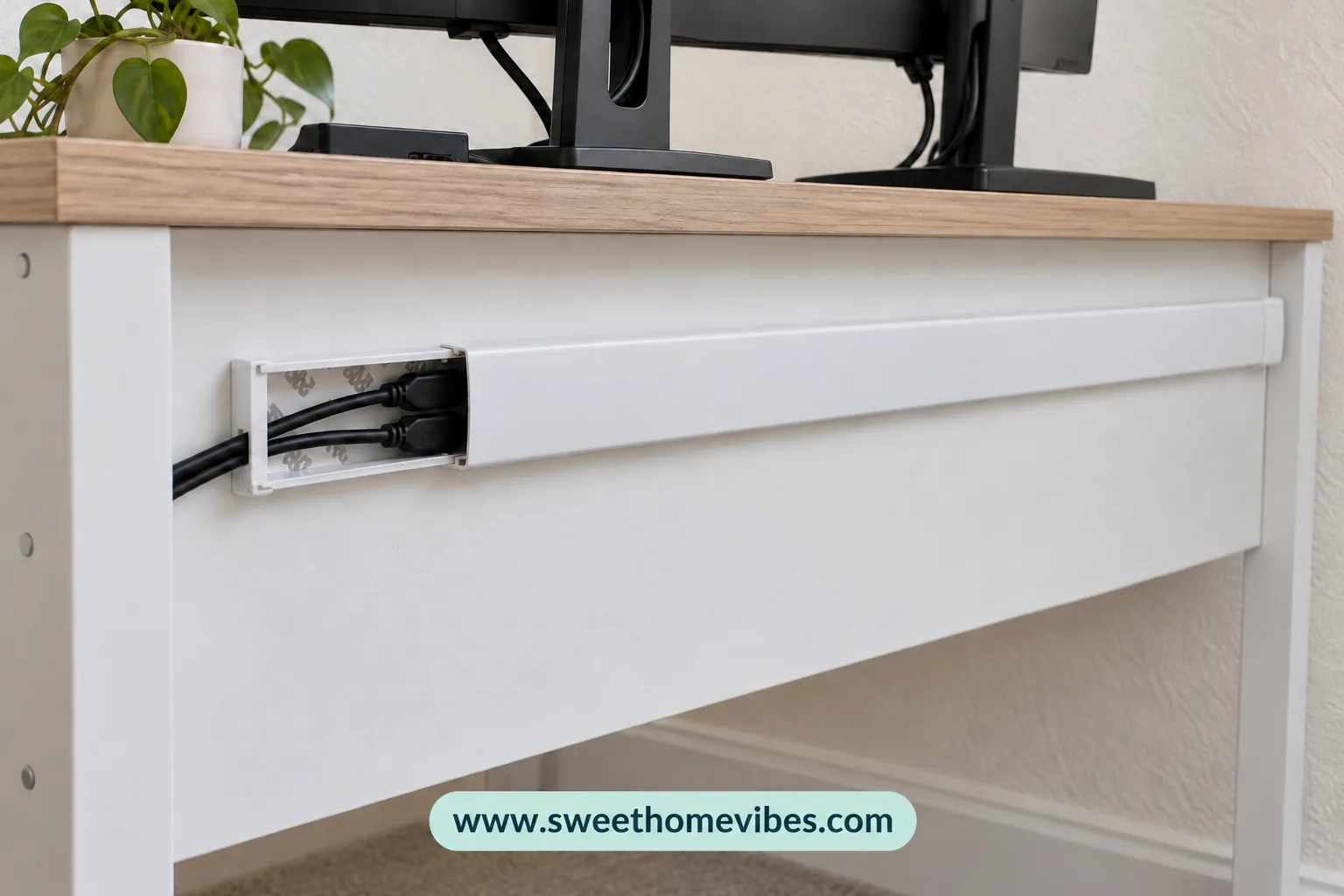 Adhesive cable raceway hiding desk cables without drilling