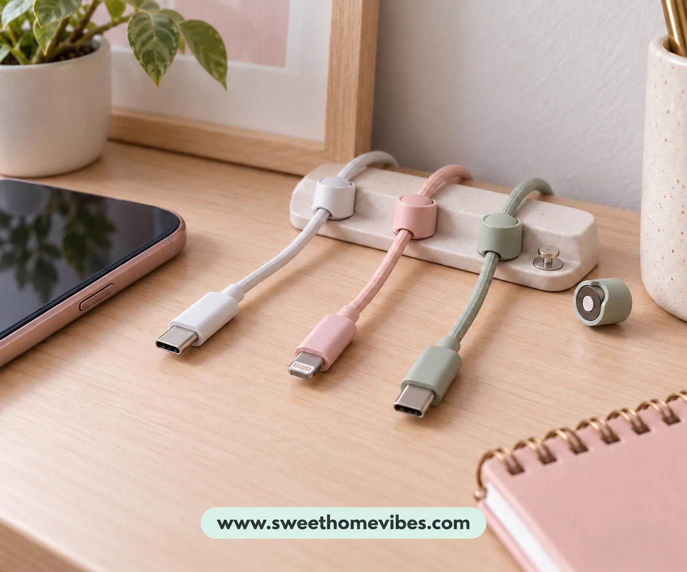 Magnetic cable holders keeping charging cords within reach