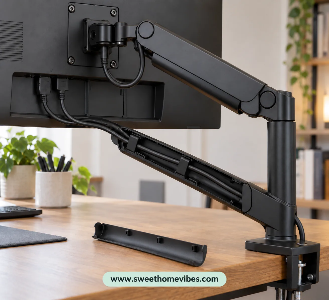Monitor arm cable channels guiding power and display cables