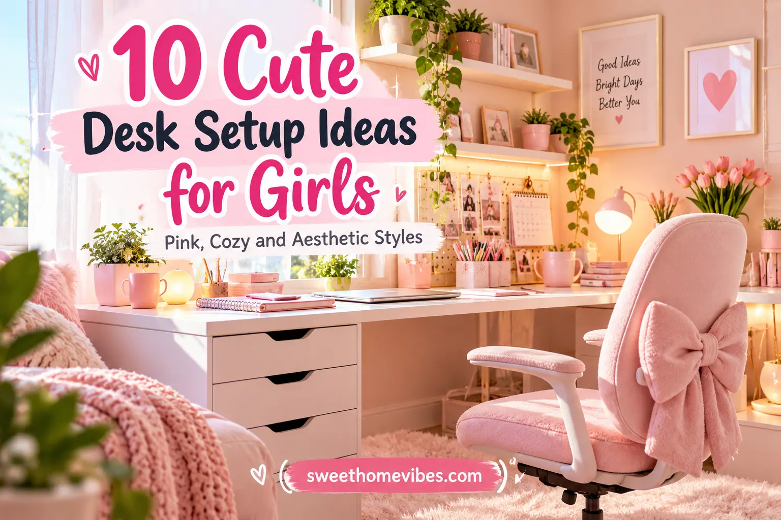 Cute pastel pink bedroom desk setup with a white desk, pink bow-back chair, warm lighting and the title 10 Cute Desk Setup Ideas for Girls