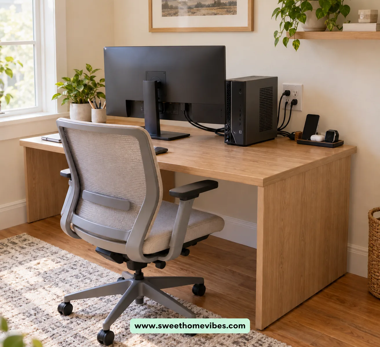 Rearranged desk equipment keeping cable runs short and tidy
