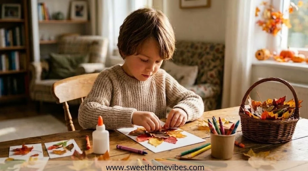 Young boy sitting at a wooden dining table carefully gluing colorful fall leaves to paper to make an autumn leaf collage craft at home.