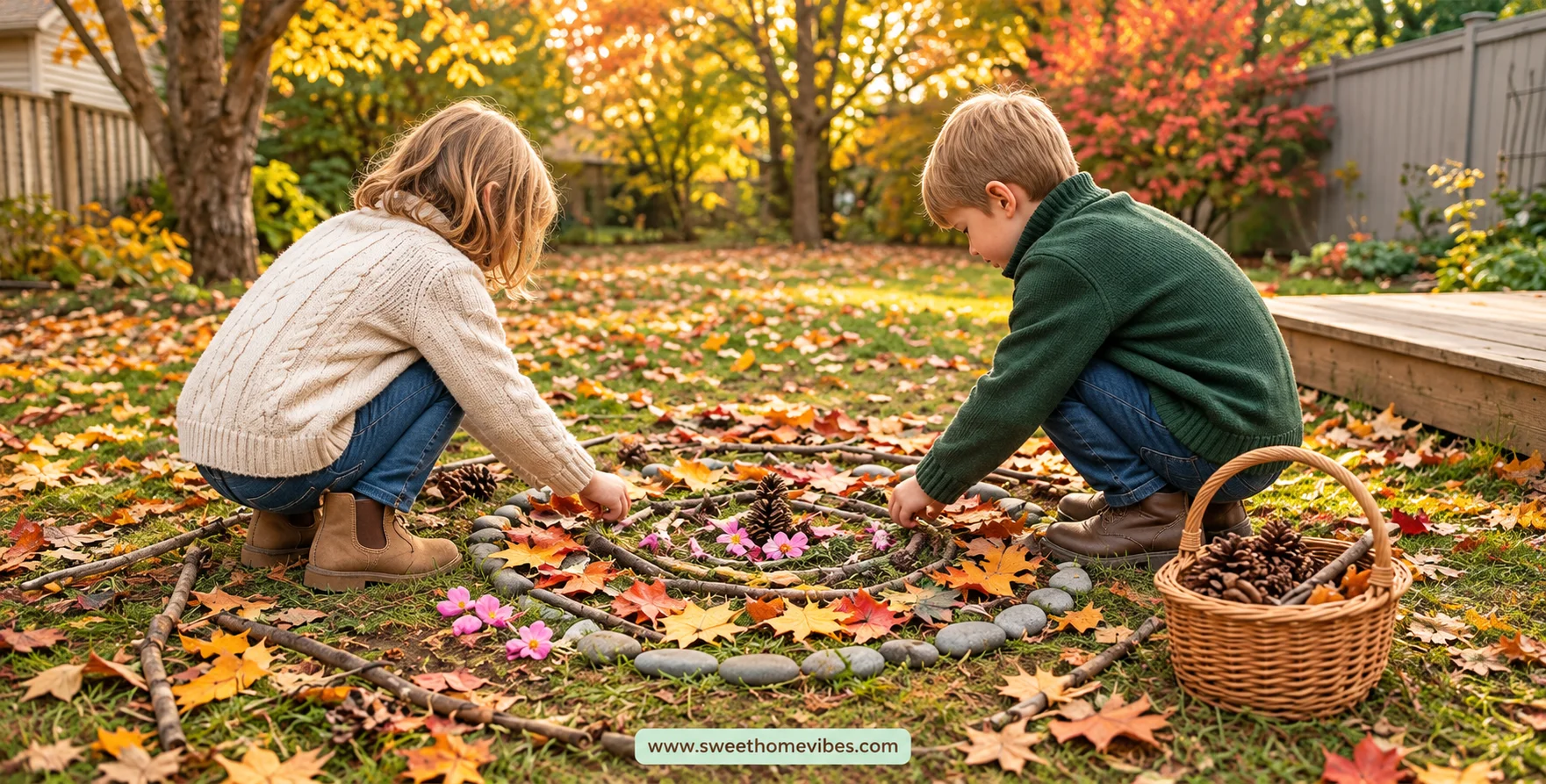 Children creating autumn nature art with fallen leaves, sticks, stones, pinecones, and petals in a backyard.