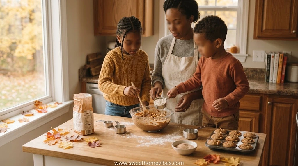 Children baking a homemade fall treat with a parent in a cozy October kitchen using simple ingredients and baking supplies.