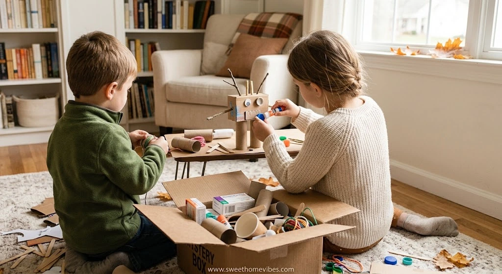 Children building a creative autumn project from a mystery box filled with cardboard, paper, and recycled household materials at home.
