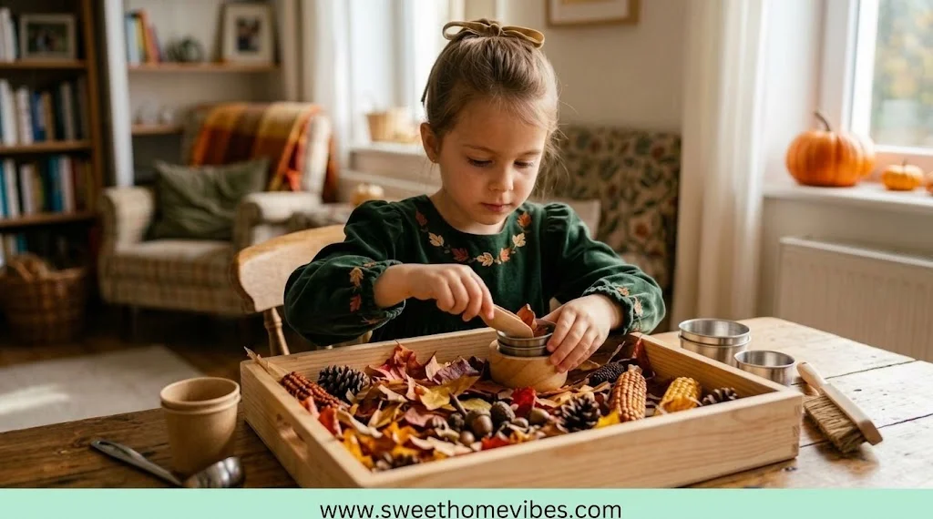 Young girl sitting at a wooden table using a wooden scoop to build a fall sensory bin with leaves, pinecones, and Indian corn as a fun fall activity at home.