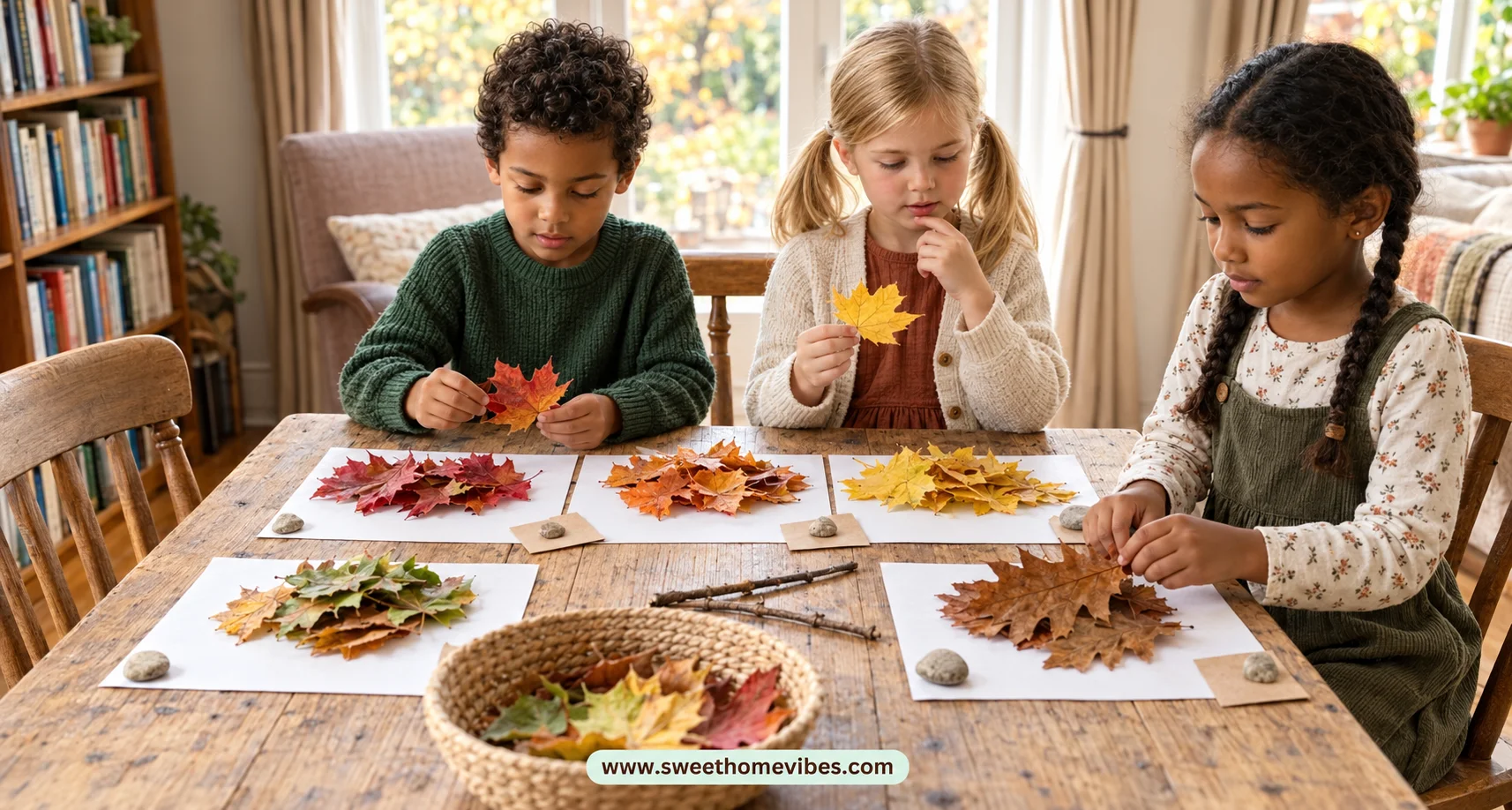 Three diverse children sorting colorful autumn leaves on white paper with color labels like "Red" and "Brown" during an at-home learning activity on a wooden table.