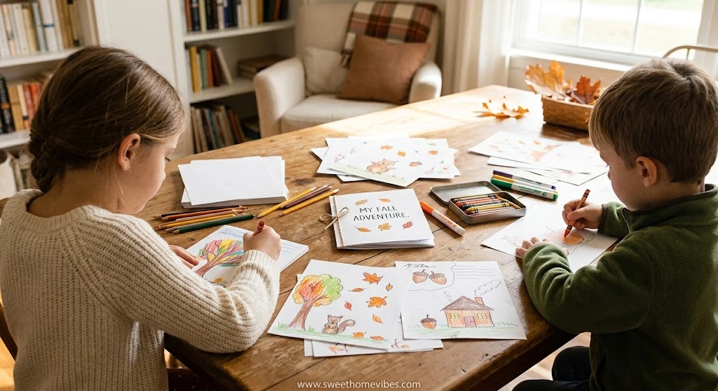 Children creating a homemade autumn storybook with drawings, crayons, and colorful fall-themed pages at home.