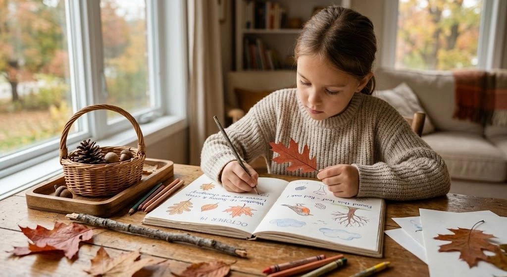 Child creating an October nature journal with autumn leaves, drawings, and colored pencils at home
