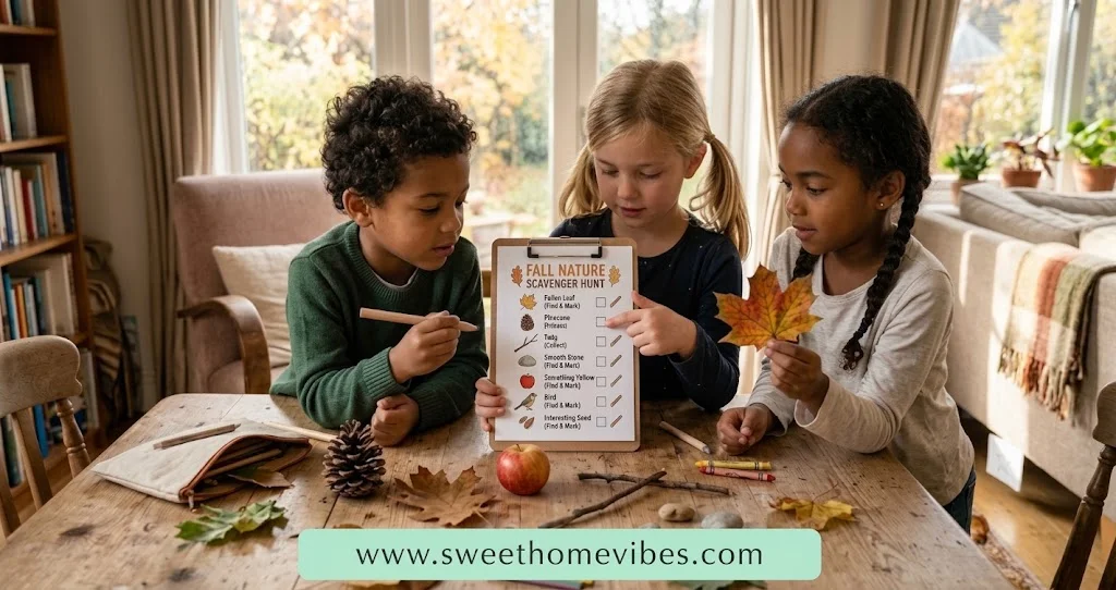 Three children pointing at a printable fall nature scavenger hunt list with autumn leaves and pinecones on a wooden table.