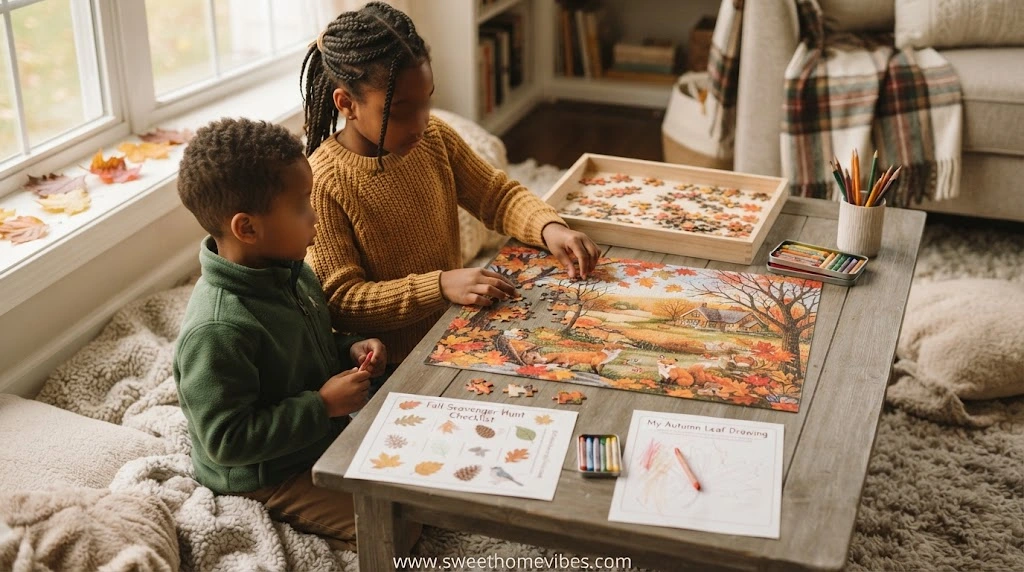 Children completing a fall jigsaw puzzle and quiet paper activities at a cozy October activity station at home.