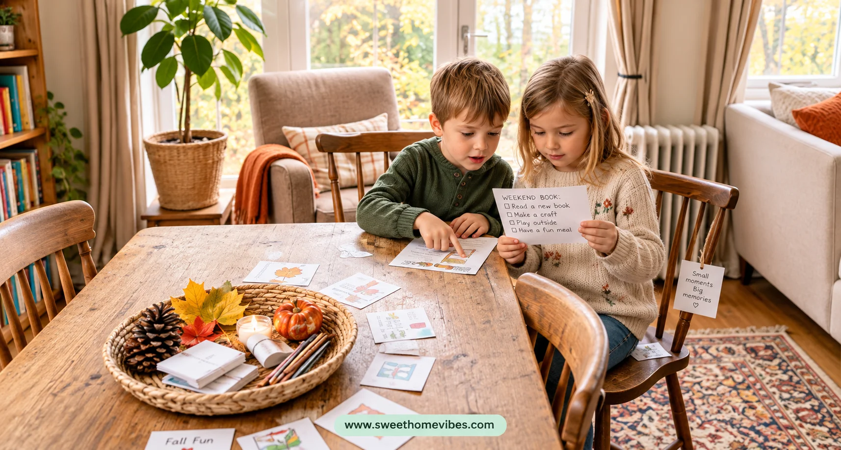 Two young children sitting at a wooden table holding written and picture clues during an indoor fall treasure hunt, with a basket of autumn leaves, pinecones, and an apple nearby.