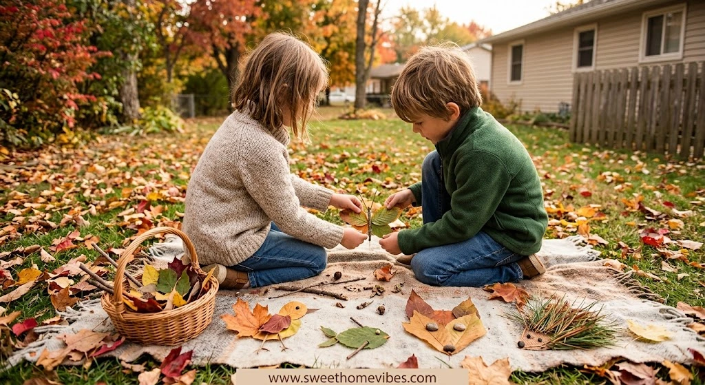 Children making animal shapes from colorful fallen autumn leaves in a backyard.
