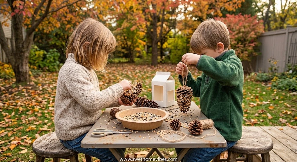Children making a simple homemade bird feeder with birdseed in an autumn backyard.