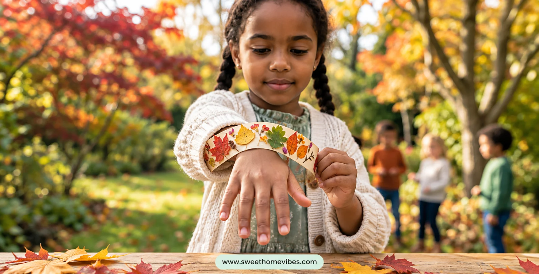 Young girl showing a handmade fall nature bracelet made from autumn leaves and flower petals on masking tape during a park walk.